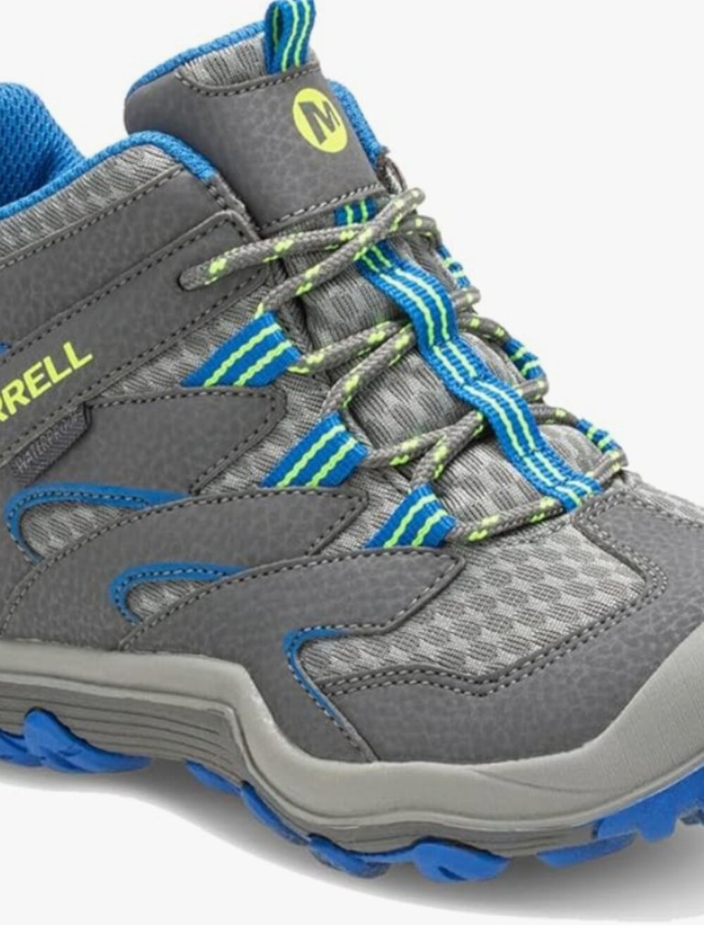 Merrell Chameleon 7 Access Mid Hiking Boot in Grey/Blue, size Big Kids' 5